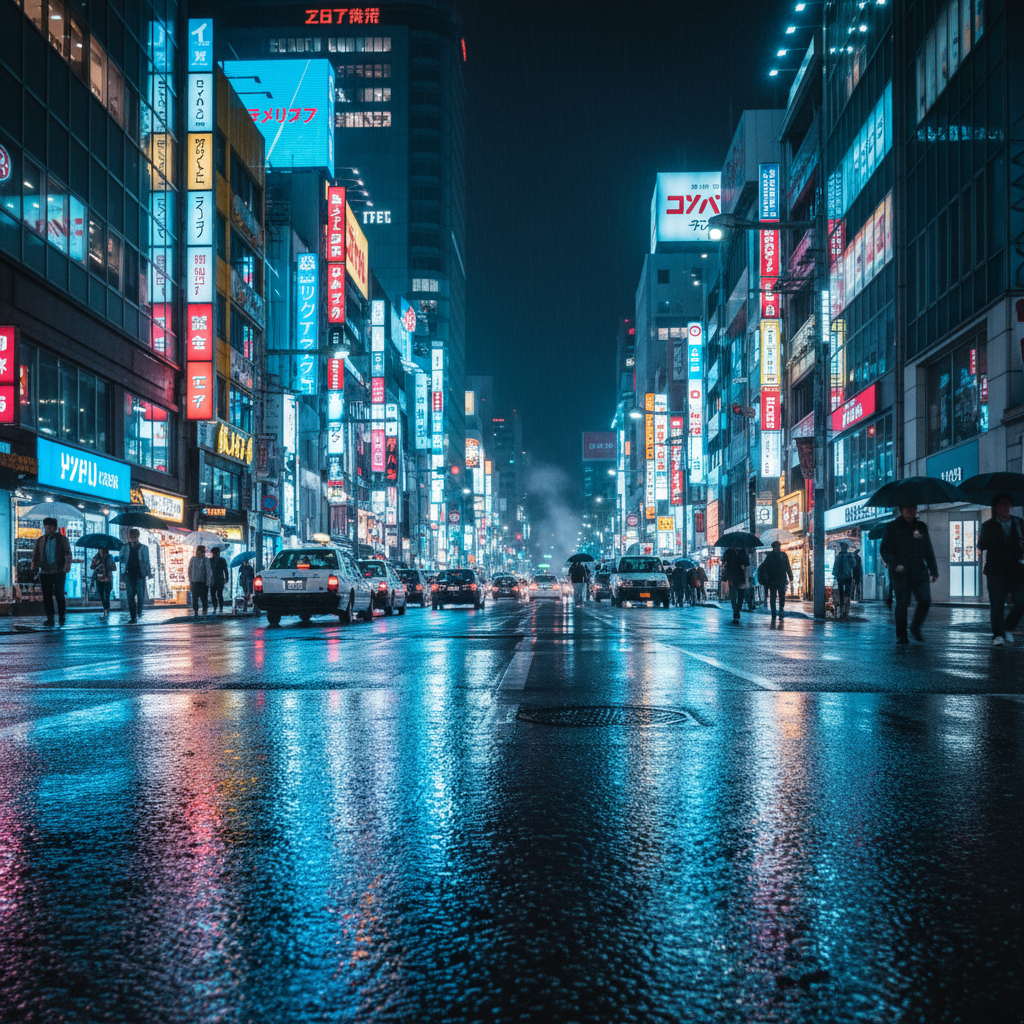 밤의 신주쿠 거리, 화려한 네온 사인과 비에 젖은 아스팔트에 반사된 빛의 조화, 생동감 넘치는 도시의 야경