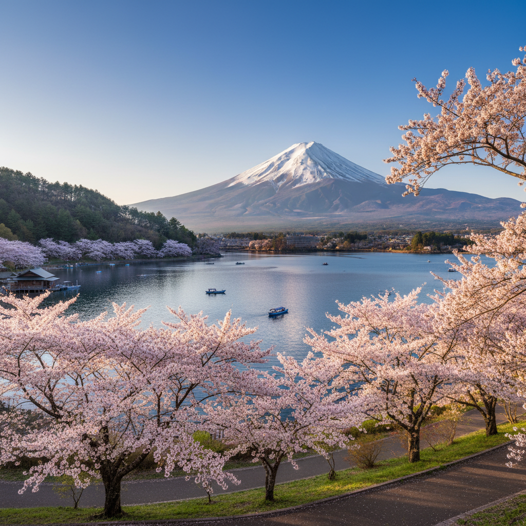 후지산과 만개한 벚꽃이 어우러진 가와구치코 호수의 전경, 맑고 푸른 하늘과 눈 덮인 산봉우리의 선명한 대비