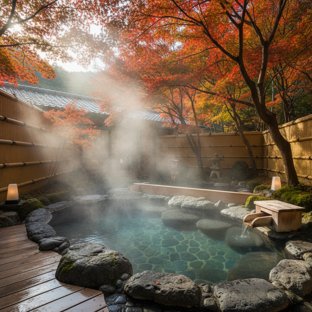전통적인 료칸의 노천탕 풍경, 하얀 김이 피어오르는 온천수와 주변을 둘러싼 단풍나무 숲의 조화로운 색감